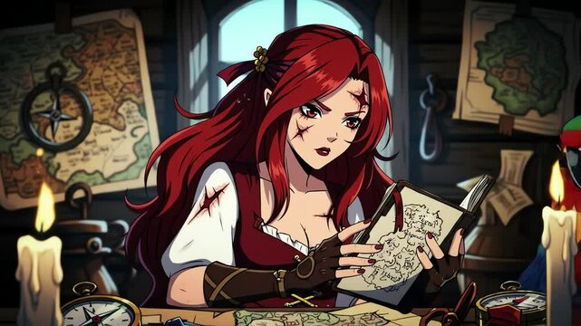 Redhaired cartographer studies maps with parrot companion