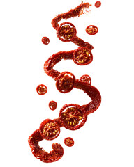 Fototapeta premium Dynamic Splash of Red Tomato Sauce and Slices on Transparent Background, PNG
