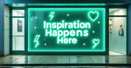 Obraz premium Shopfront displays bright neon sign. Text reads Inspiration Happens Here with lightning, heart symbols. Dark exterior, glass windows visible.