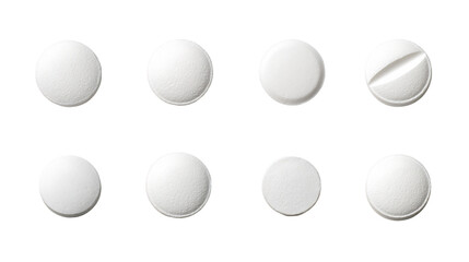 Eight White Pills on Transparent Background: Various Textures and One Scored Tablet, PNG