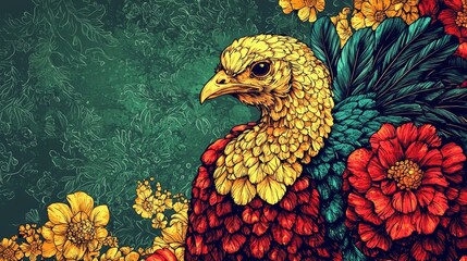 A lively turkey illustration with a colorful flower background.