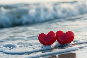 Fototapeta premium Two Red Heart Shapes Resting on the Shore Partially Submerged for a Romantic and Symbolic Scene