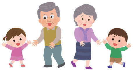 孫と遊ぶ高齢男性と高齢女性　イラスト
