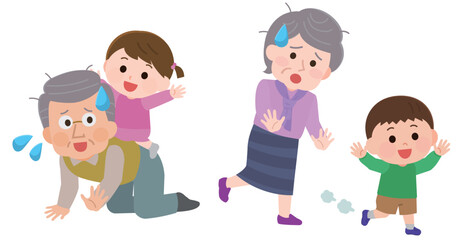 孫と遊んで疲れる高齢男性と高齢女性　イラスト