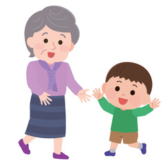 孫と遊ぶ高齢女性　イラスト