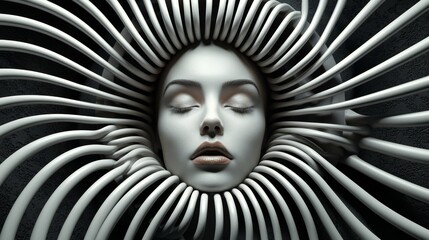 A woman's face enclosed by an intricate maze of tubes.