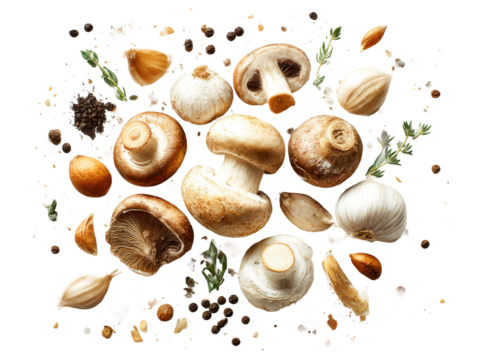 Showcasing culinary art top view mushroom variety photography. Isolated on transparent background, png. - Powered by Adobe
