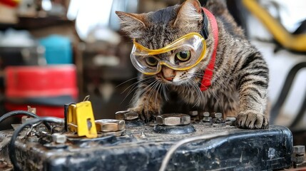 A cat's inquisitive nature shines as it investigates a battery.