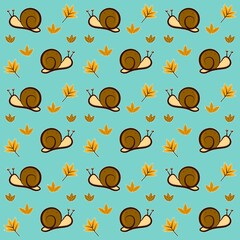 Cute seamless pattern featuring cartoon snails and autumn leaves on a white background. Perfect for fall-themed designs and kids' products