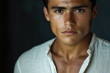 Obraz premium Close-up portrait of a young man with dark hair and tan skin, wearing a white shirt.
