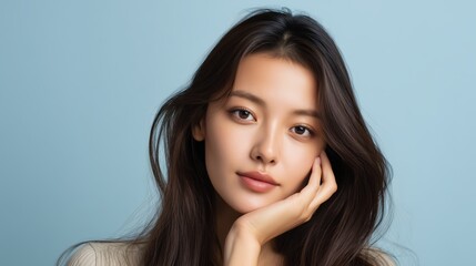 Fototapeta premium Beautiful Young Asian Woman with Long Hair Posing Thoughtfully on Pastel Blue Background