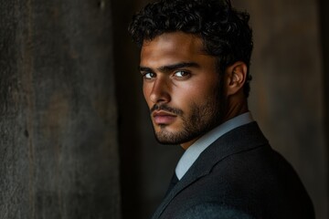 A portrait of a handsome man with curly hair, wearing a suit, looking over his shoulder.