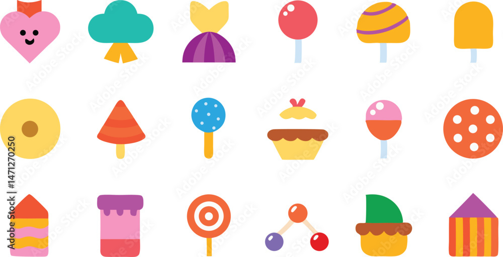 Poster comprehensive set of sweet candy vector icons created in a playful design style perfect for digital 