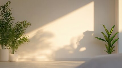 Fototapeta premium Sunlit indoor space with lush green plants, warm light casting soft shadows, perfect for relaxation or reading.