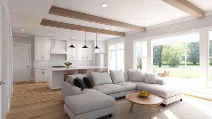 Modern living room with cozy furniture, bright natural light streaming in, perfect for relaxation and social gatherings.