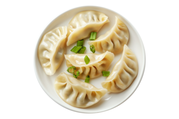 Steamed mandu dumplings placed in circular pattern on ceramic plate, isolated on white transparent background, concept of Asian cuisine