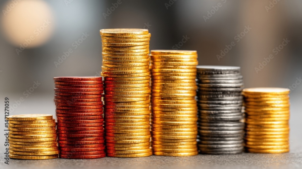 Poster stack of coins representing expense distribution and categorized cost overview in financial manageme