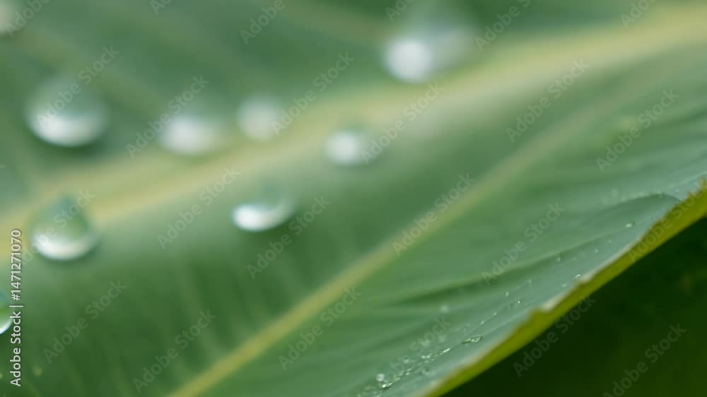 Poster tracking macro video of water droplets on a lotus leaf, where soft cast shadows enhance the rounded 