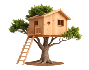 Wooden Treehouse with Ladder, Green Leaves, Transparent Background