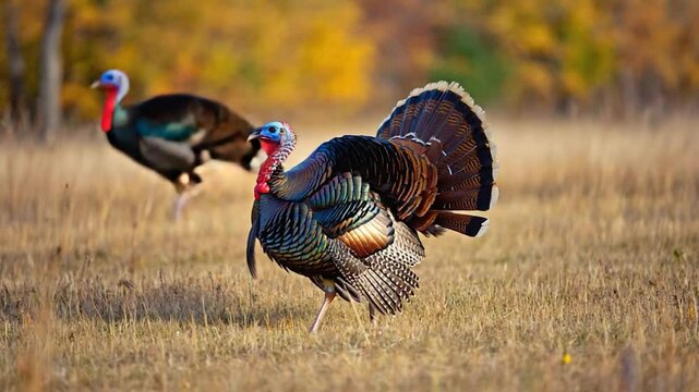 Vibrant turkey strutting across a field displaying colorful feathers in daylight