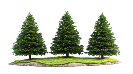 Obraz premium Three Green Pine Trees on a Grassy Mound with a PNG transparent background