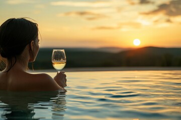 Sunset Poolside Relaxation with Wine