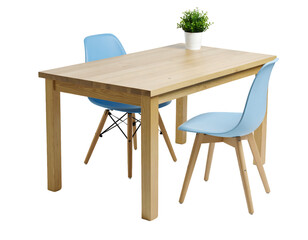 Wooden Table with Blue Chairs, Plant Decor, Transparent Background