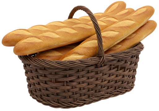 realistic wicker basket filled with golden brown French baguettes isolated on transparent background.