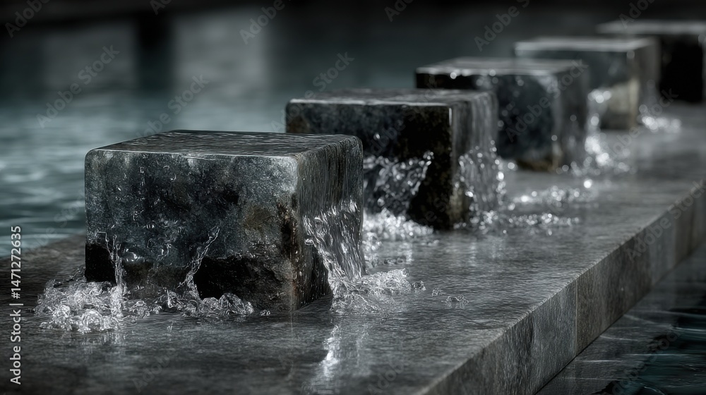 Poster fountain with water running down illustrating financial logic stream and structured value flow in bu