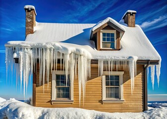 Winter House with Icicles - Snowy Roof, Single Window, Chimney