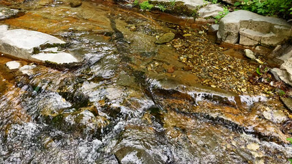Slow Motion Drone Footage of Crystal-Clear Stream Flow in a Serene Forest Valley, Featuring Gentle Ripples, Tranquil Water Sounds, and the Pristine Beauty of Nature