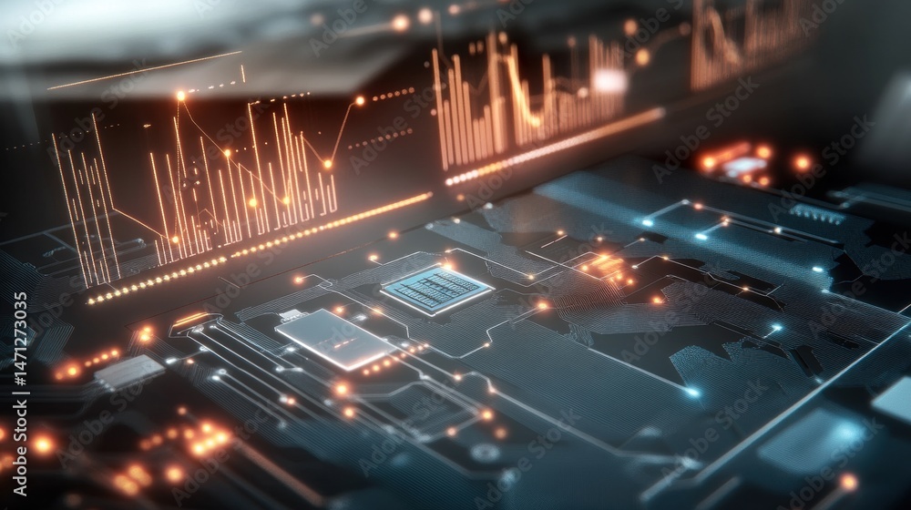 Poster futuristic circuit board with orange lights and data visualizations