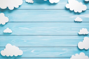 Soft, light blue wooden background with white paper clouds
