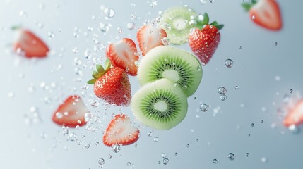 Fresh fruits splashing in water, vibrant strawberries and kiwis in mid-air, ideal for healthy living themes and food blogging.