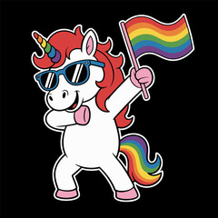 Funny Unicorn Holding Rainbow Pride Flag Illustration