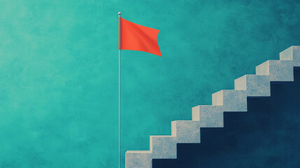 workflow for results and achievements. Red flag on stairs against a textured blue wall.
