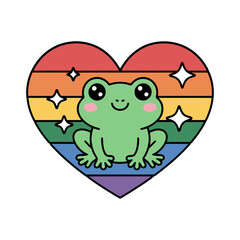 Cute Frog in Rainbow Heart with Sparkles