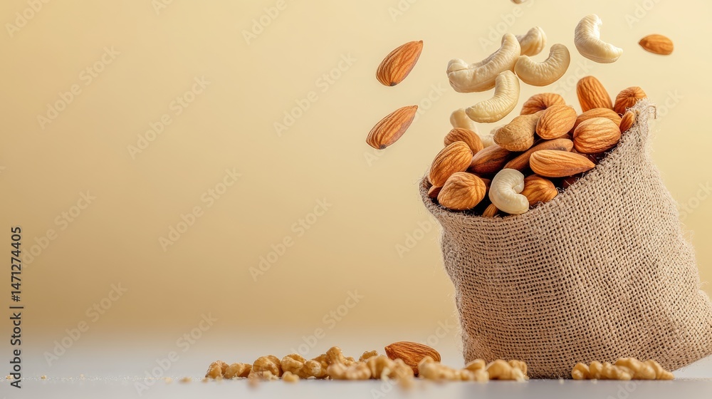 Poster bag of nuts is on a table with some nuts scattered around it. the nuts include almonds and cashews