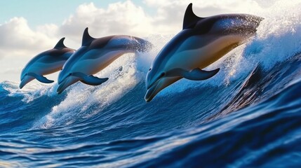 Obraz premium Three Dolphins Jumping Over Blue Ocean Waves Under A Clear Sky