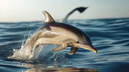 Fototapeta premium Dolphin Leaping Through Waves in Clear Sunny Ocean Water