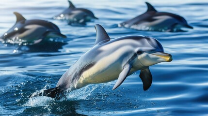 Fototapeta premium Dolphin Leaping Above Water Surrounded by Other Dolphins in Ocean