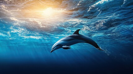 Naklejka premium Dolphin Swimming Gracefully Under Clear Blue Ocean Water Surface