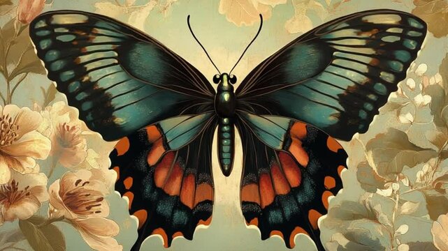 Vibrant butterfly perched on floral background, showcasing its colorful wings and intricate patterns