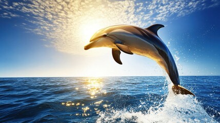Fototapeta premium Majestic Dolphin Leaping Above Glimmering Ocean Waters at Sunset