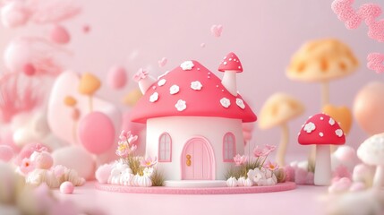 Delicate pastel dessert setting, whimsical candy house with polka dots, sweet theme for event decor or bakery promotion.
