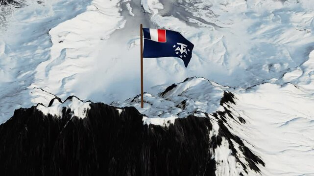 Dynamic 3D animation showcasing the French Southern and Antarctic Lands flag with its distinctive blue field, French tricolor canton, and white anchor-shaped monogram surrounded by five white stars, f
