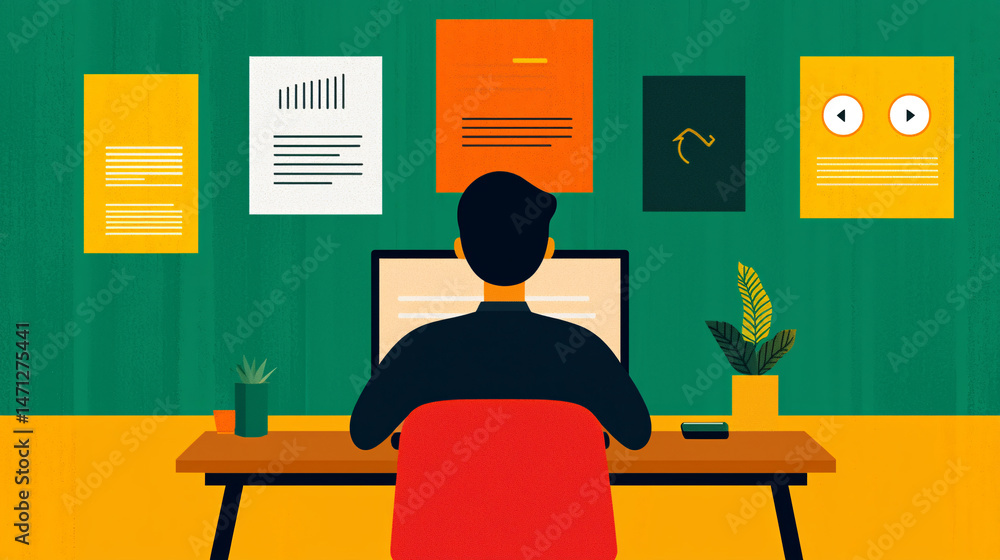 Poster workflow for results and achievements. person working at a desk with colorful wall art behind.