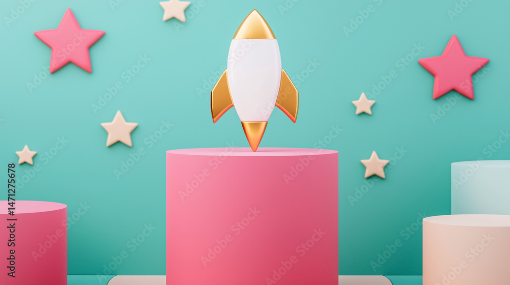Poster workflow for results and achievements. rocket model on colorful podium with star decorations.