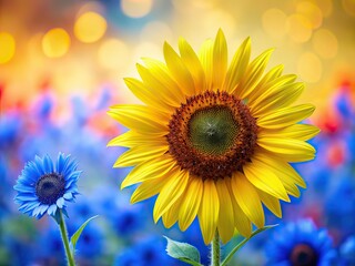 Obraz premium Yellow Sunflower Blue Flower Abstract Patriotic Art