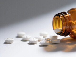 White Pills Spilled from a Bottle on a Clean Surface
